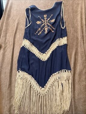 Umgee Navy Vest  with Cream Fringe & Embroidered Front